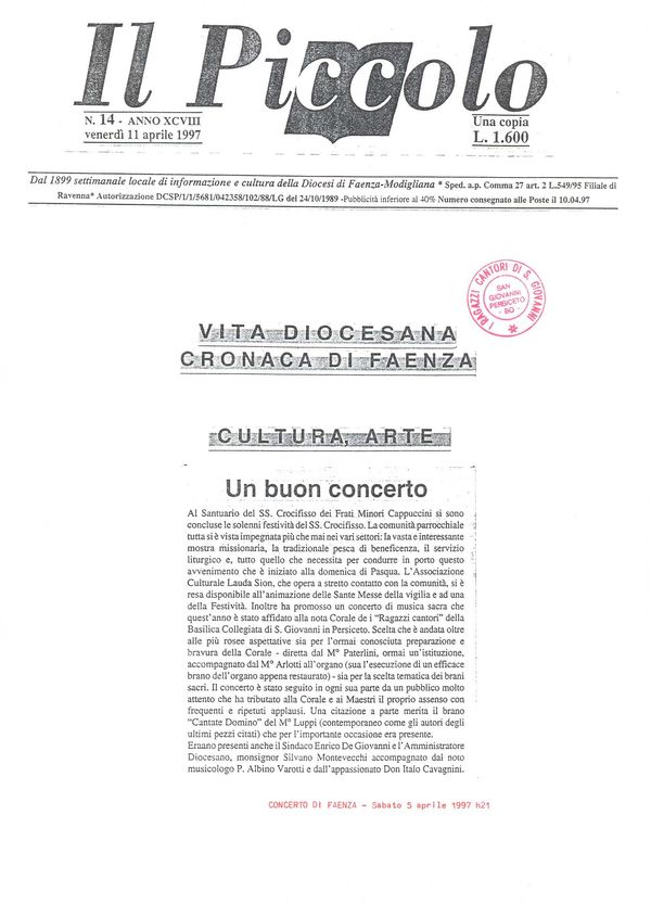 Faenza, “Il Piccolo”, 11 aprile 1997