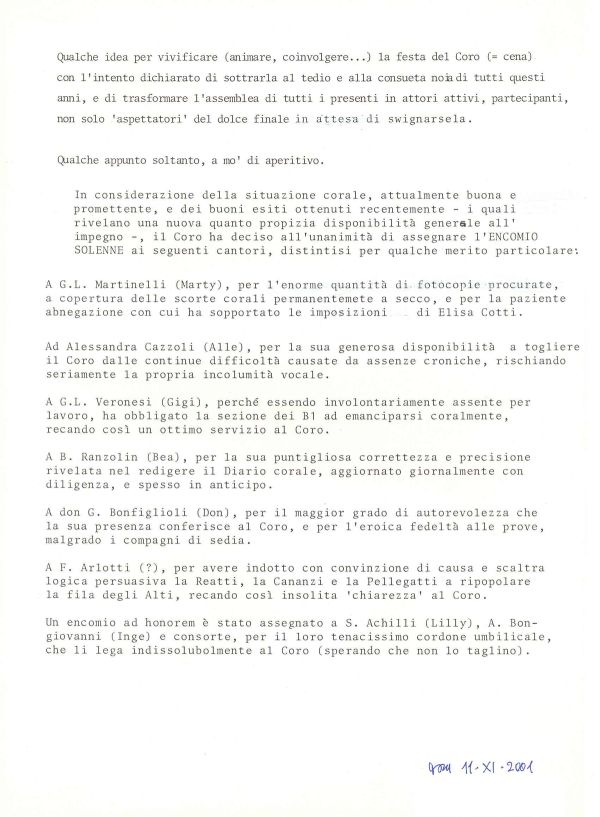 Per la festa del coro, 11 novembre 2001