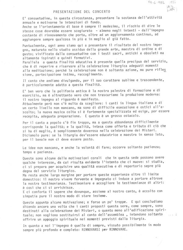 Introduzione al concerto del 24 giugno 1986