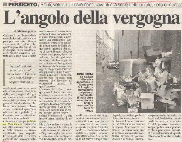 Sui rifiuti davanti alla sala del coro, 21 dicembre 2001