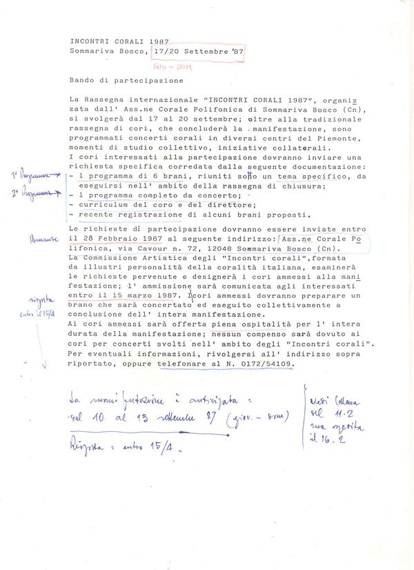 Incontri corali di Sommariva Bosco 1987, a cui il coro non partecipò (1/5)