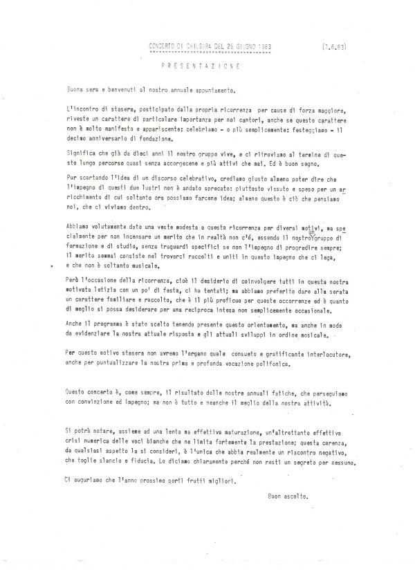 Introduzione al concerto di chiusura del decennale, 25 giugno 1983