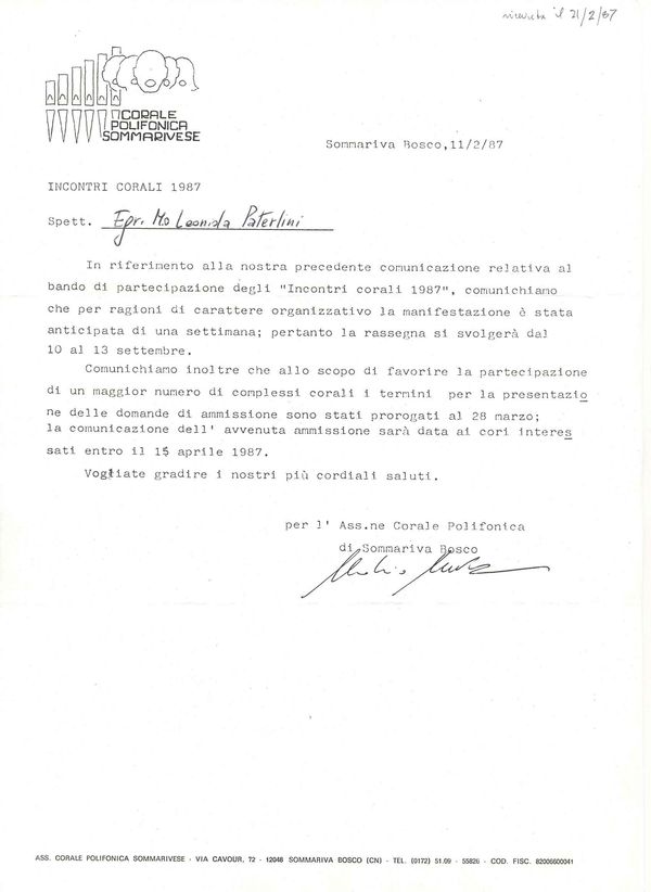 Incontri corali di Sommariva Bosco 1987, a cui il coro non partecipò (2/5)