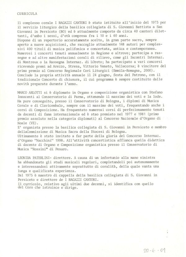 Curriculum del coro, giugno 2001