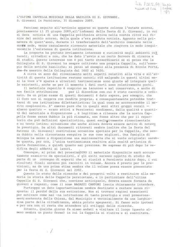 L’ultima Cappella musicale della basilica di San Giovanni, 20 dicembre 1989 (1/2)