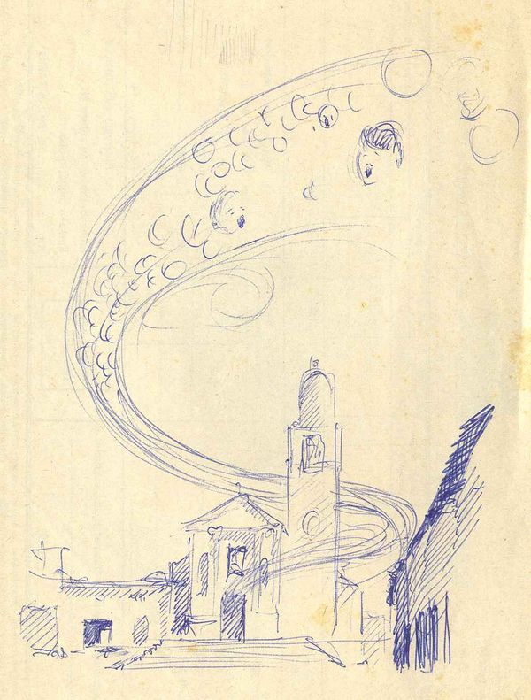 Schizzo con chiesa, campanile e una spirale di cerchi