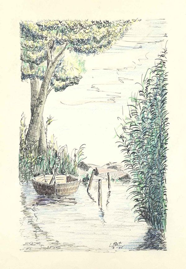 Fiume con barche tra gli alberi, giugno 1965