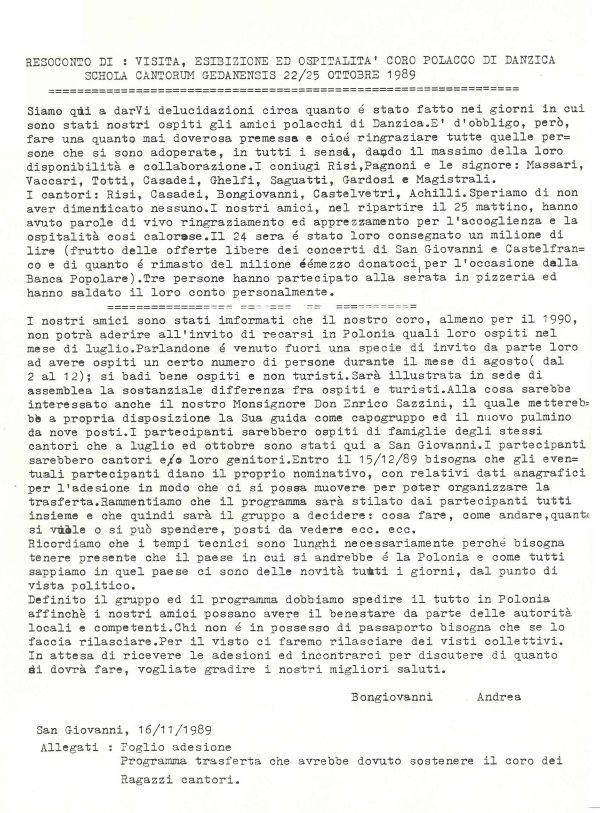 Andrea Bongiovanni, resoconto della visita del coro polacco di Danzica, 16 novembre 1989