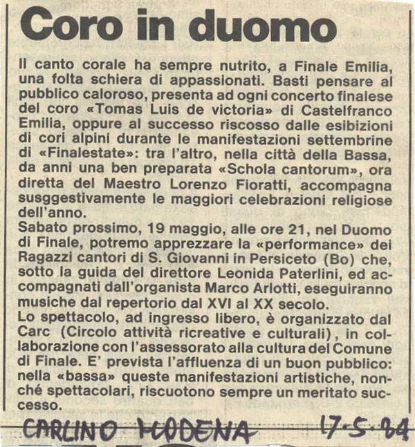 Finale Emilia, “il Resto del Carlino” di Modena, 17 maggio 1984