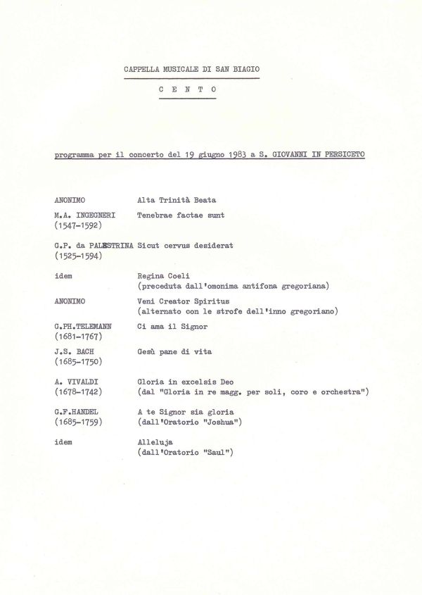 Programma della Cappella musicale di San Biagio di Cento, 19 giugno 1983
