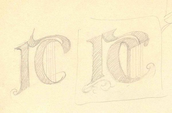 Monogramma RC calligrafico, studi a matita