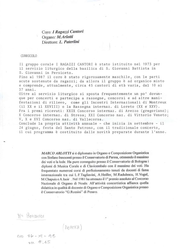 Curriculum del coro, 1997