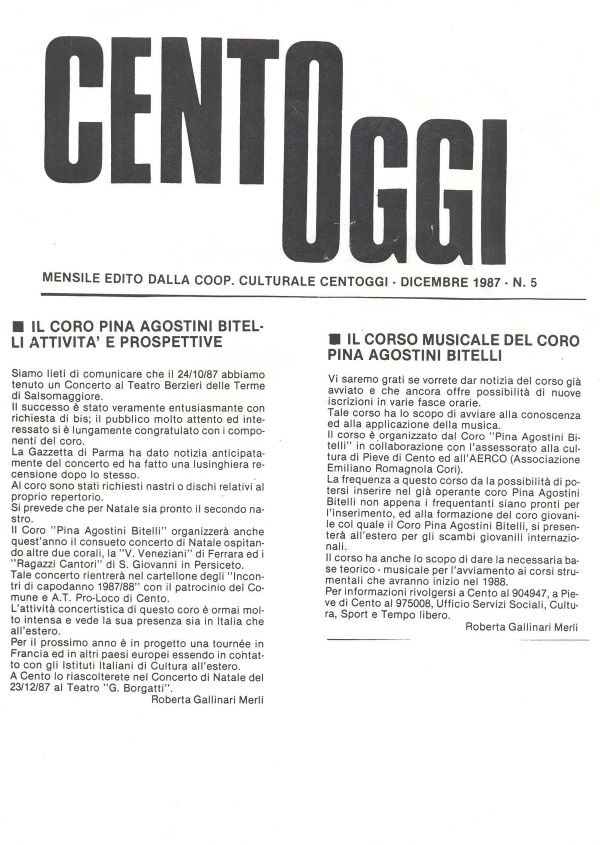 Cento, “Cento Oggi”, dicembre 1987
