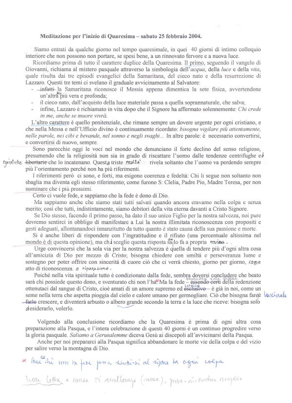 Sull’inizio della Quaresima, 25 febbraio 2004