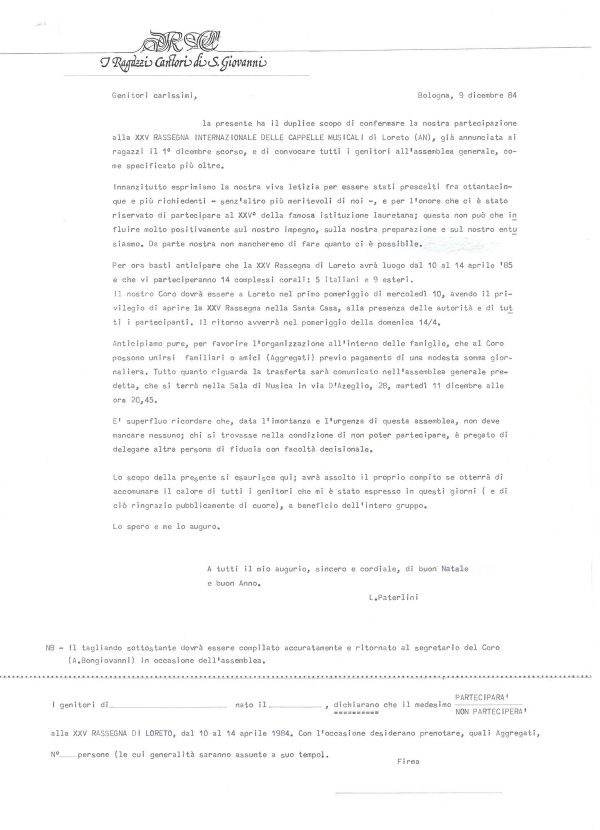Ai genitori, dicembre 1984: la XXV Rassegna di Loreto
