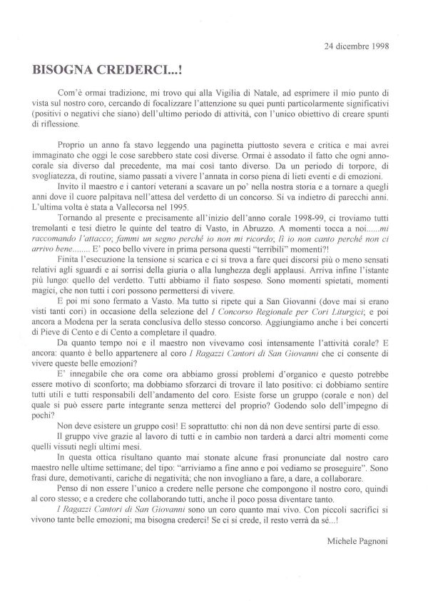 Michele Pagnoni, “Bisogna crederci…!”, 24 dicembre 1998
