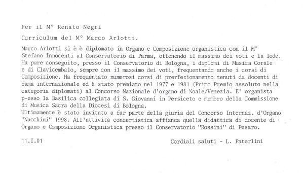 Curriculum di Marco Arlotti, 2001