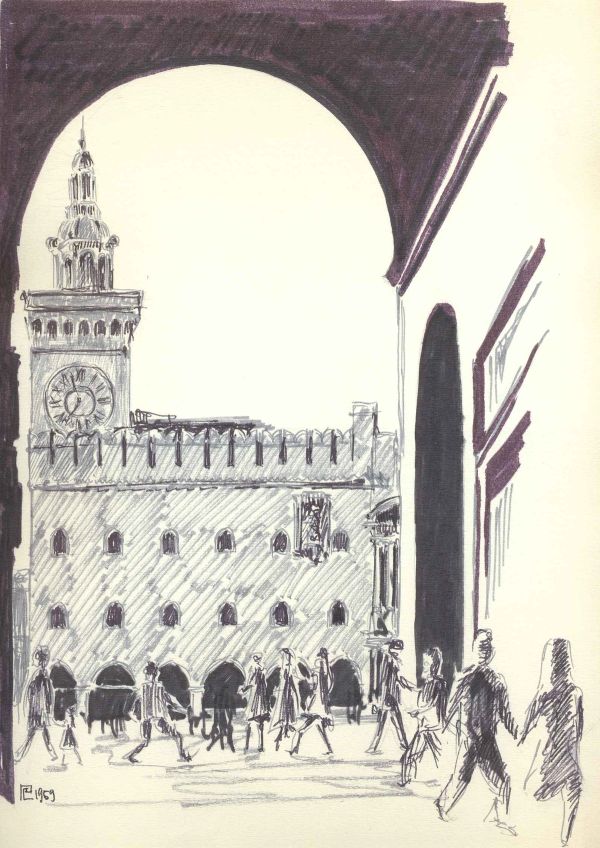 Bologna, Palazzo d’Accursio visto da sotto un portico, 1969
