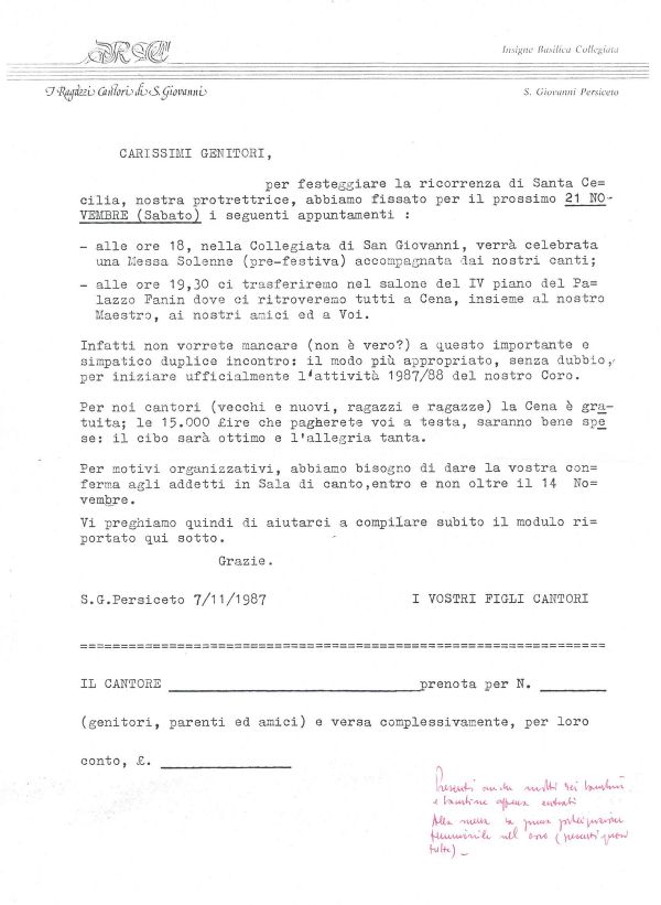 Ai genitori, 7 novembre 1987: la festa di Santa Cecilia