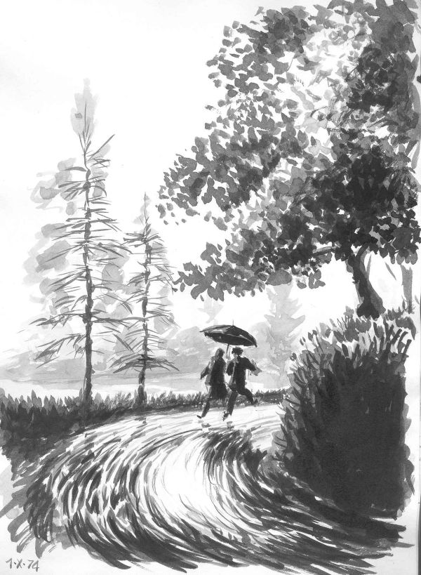 Coppia sotto l’ombrello in un sentiero nel bosco, 1º ottobre 1974
