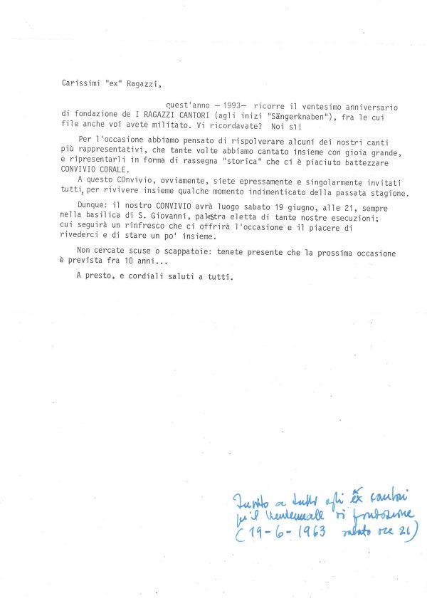 Invito agli ex cantori per il convivio corale del 19 giugno 1993
