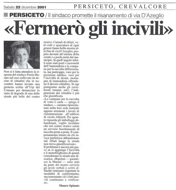 Sui rifiuti davanti alla sala del coro, 22 dicembre 2001
