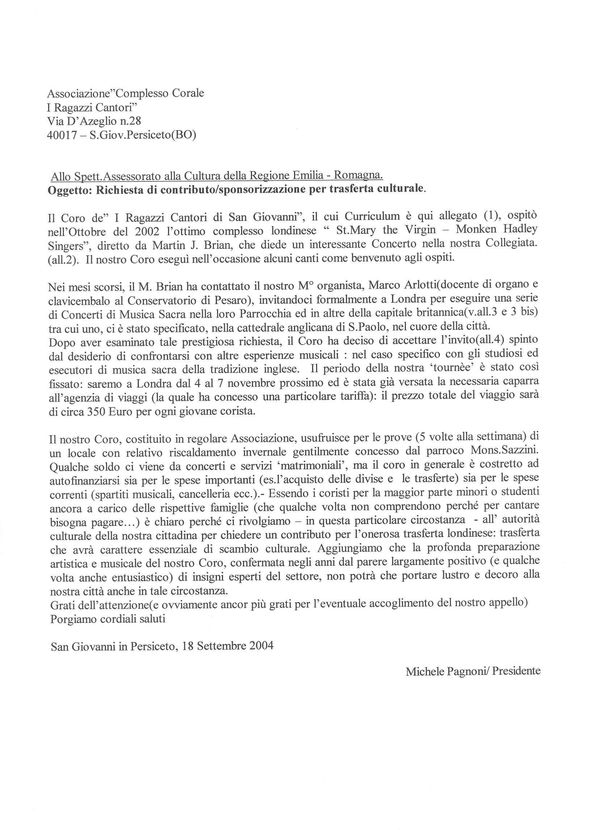 Trasferta a Londra: richiesta di contributo, 18 settembre 2004
