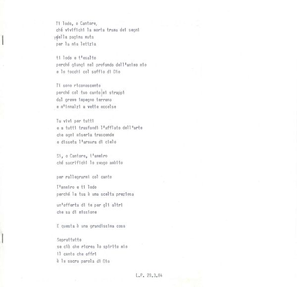 Ti lodo, o cantore, 29 marzo 1984