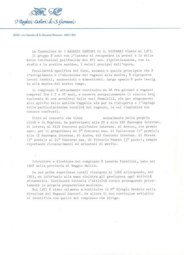 Curriculum del coro, 1987