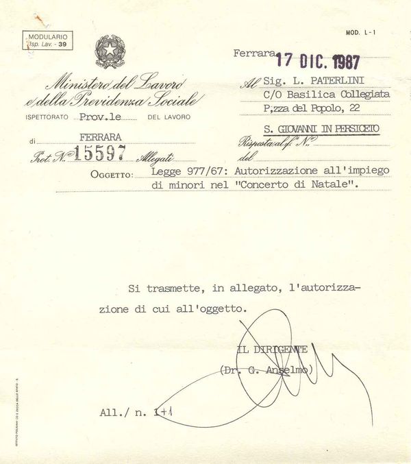 Autorizzazione all’impiego di minori nel concerto di Natale a Cento, dicembre 1987 (3/3)