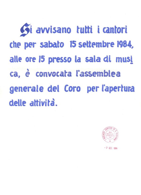 Avviso dell’assemblea di inizio attività, 7 settembre 1984