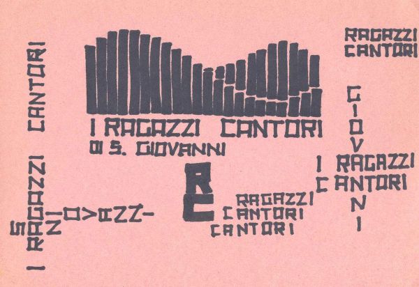 Canne d’organo e scritte “I Ragazzi Cantori di S. Giovanni” su carta rosa