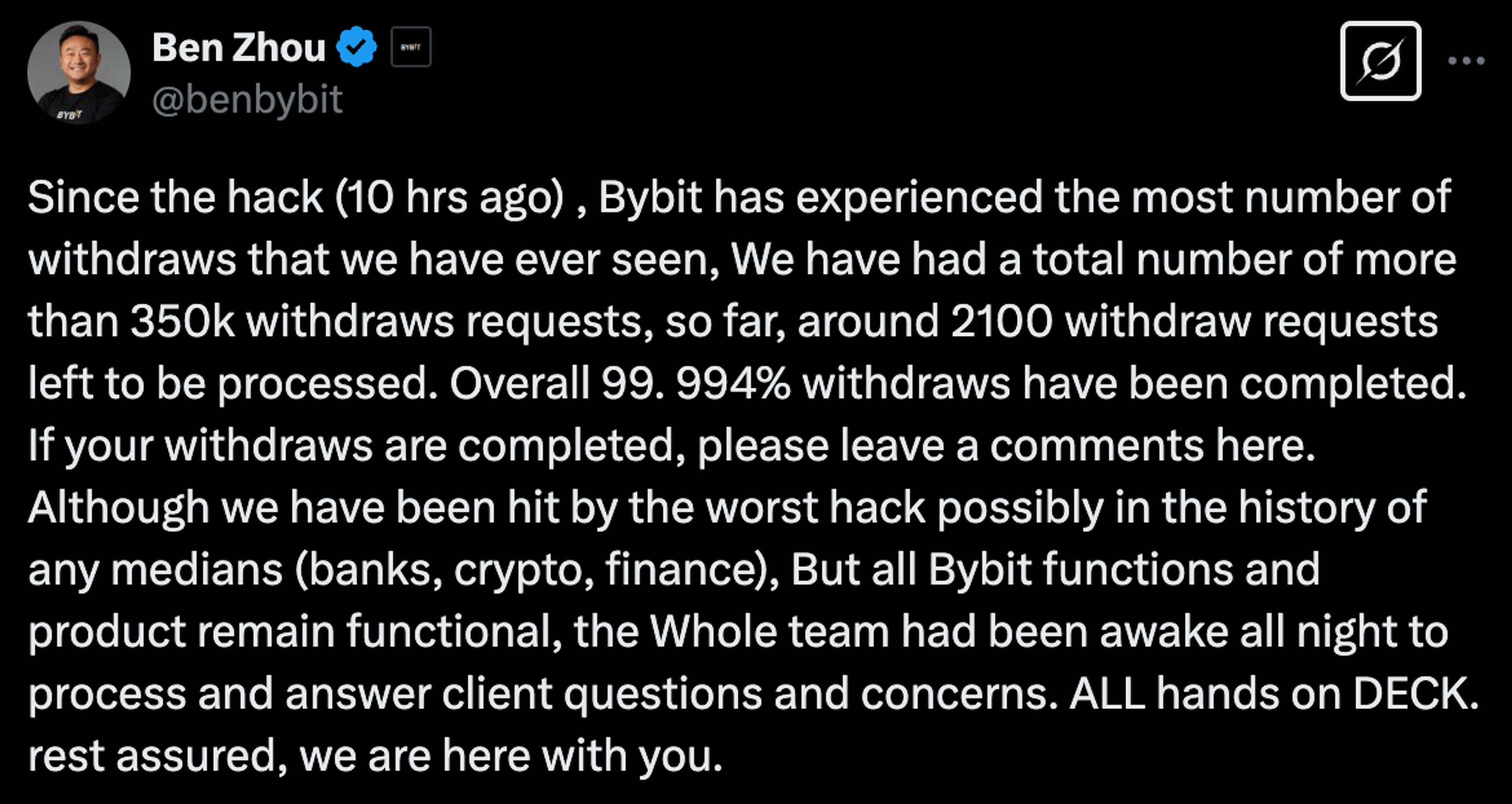 Bybit CEO ben zhou confirms security breach