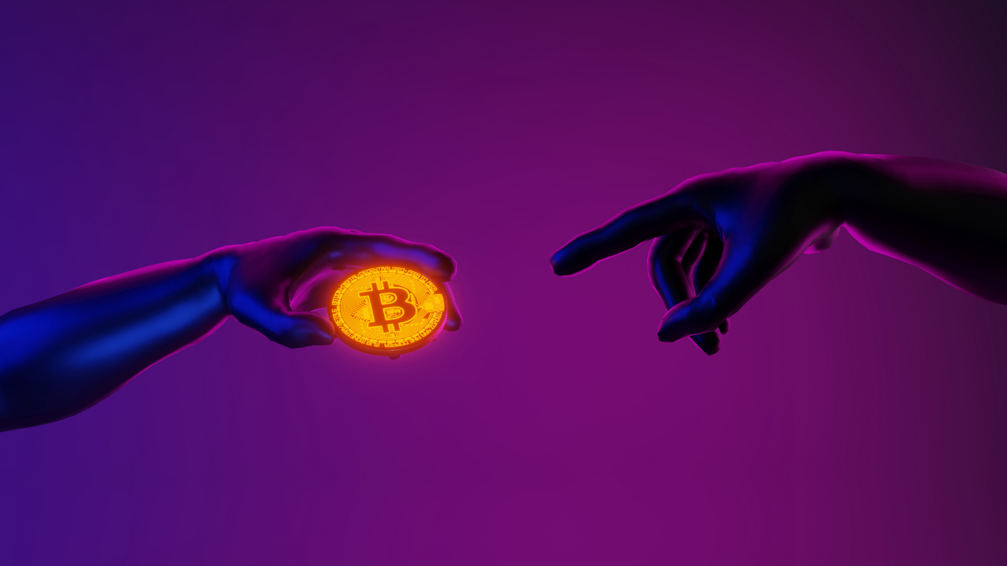 Hands on purple background reaching toward bitcoin