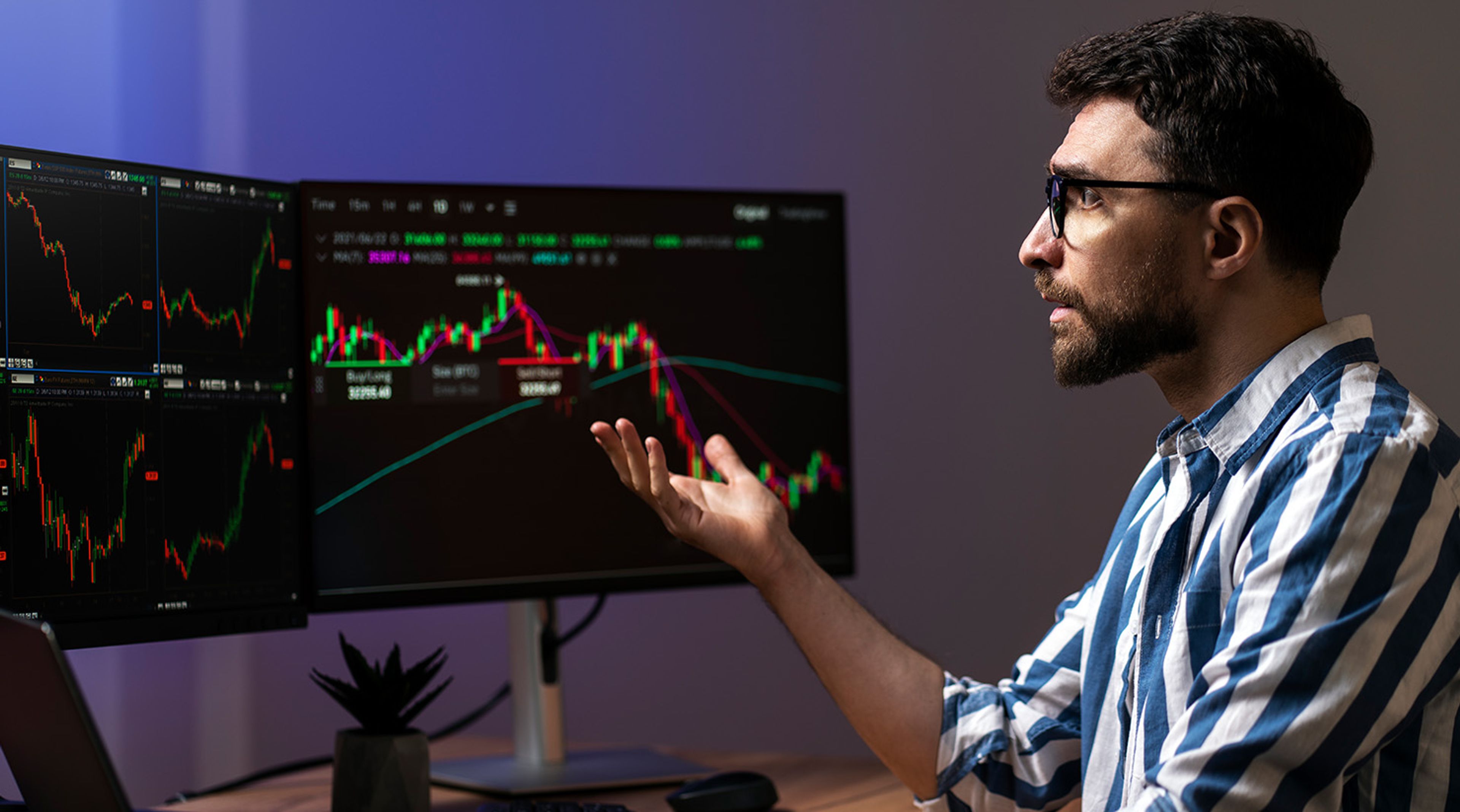 Trader getting frustrated with a volatile crypto market on screen
