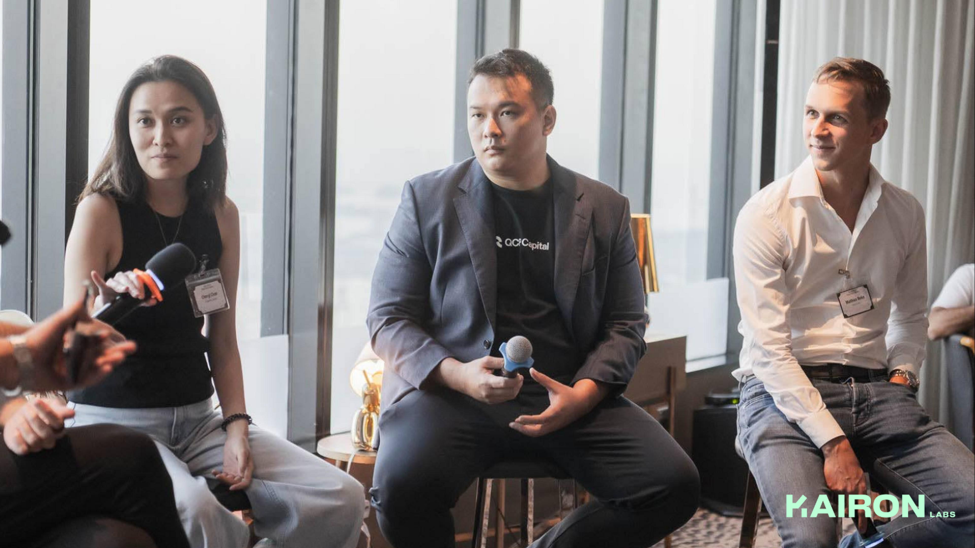 from left to right: Cheryl Chan (Partner, Dragonfly Capital), Darius Sit (Founder, QCP Capital), Mathias Beke (Co-Founder, Kairon Labs) | Image by Kairon Labs