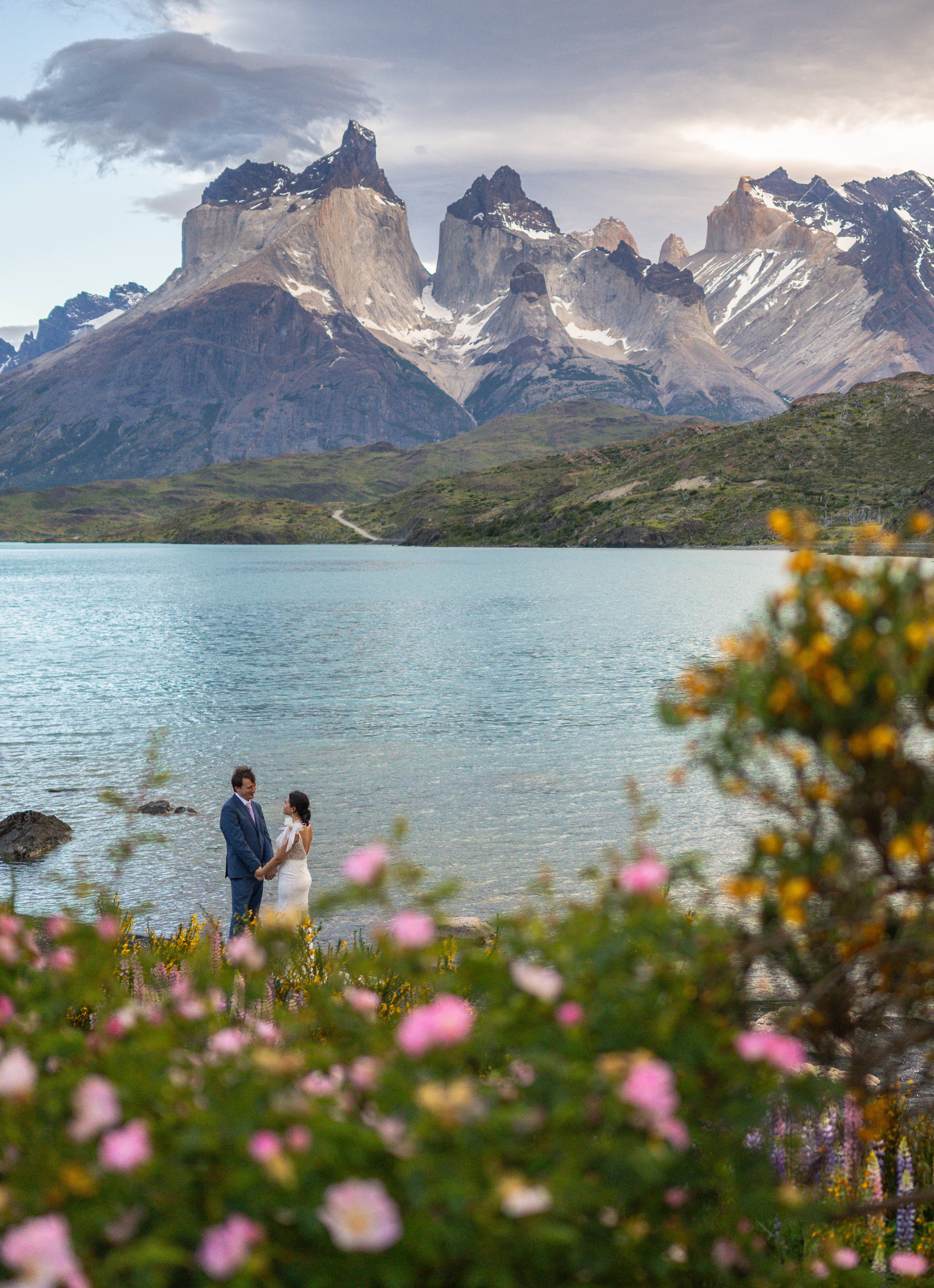 A couple in wedding clothes holding hands on the shore of a turquoise lake, the Cuernos del Paine behind them and wild roses in the foreground
