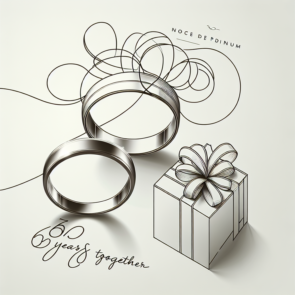 Quel cadeau offrir pour les 65 ans ans de mariage : Noces de palladium ? - Illustration style line art