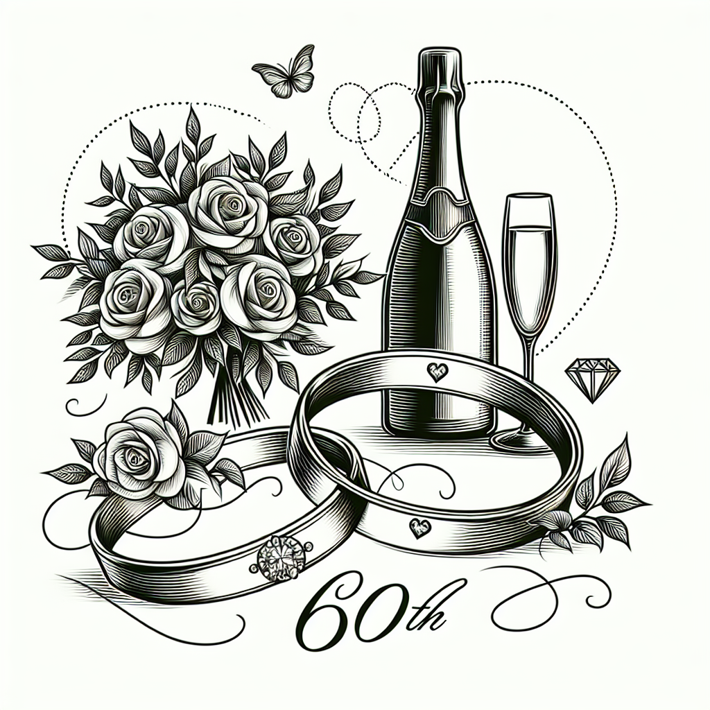 Quel cadeau offrir pour les 60 ans ans de mariage : Noces de diamant ? - Illustration style line art