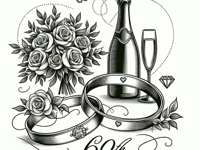 Quel cadeau offrir pour les 60 ans ans de mariage : Noces de diamant ? - Illustration style line art