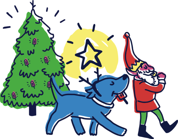 An elf and a dog beside a Christmas tree with a shining star