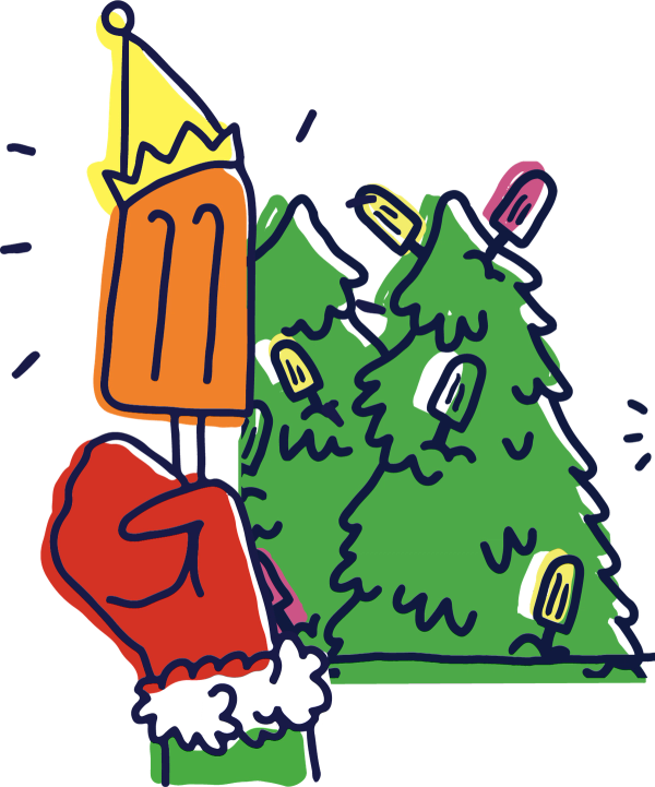 A festive pop in a Santa hat beside decorated trees