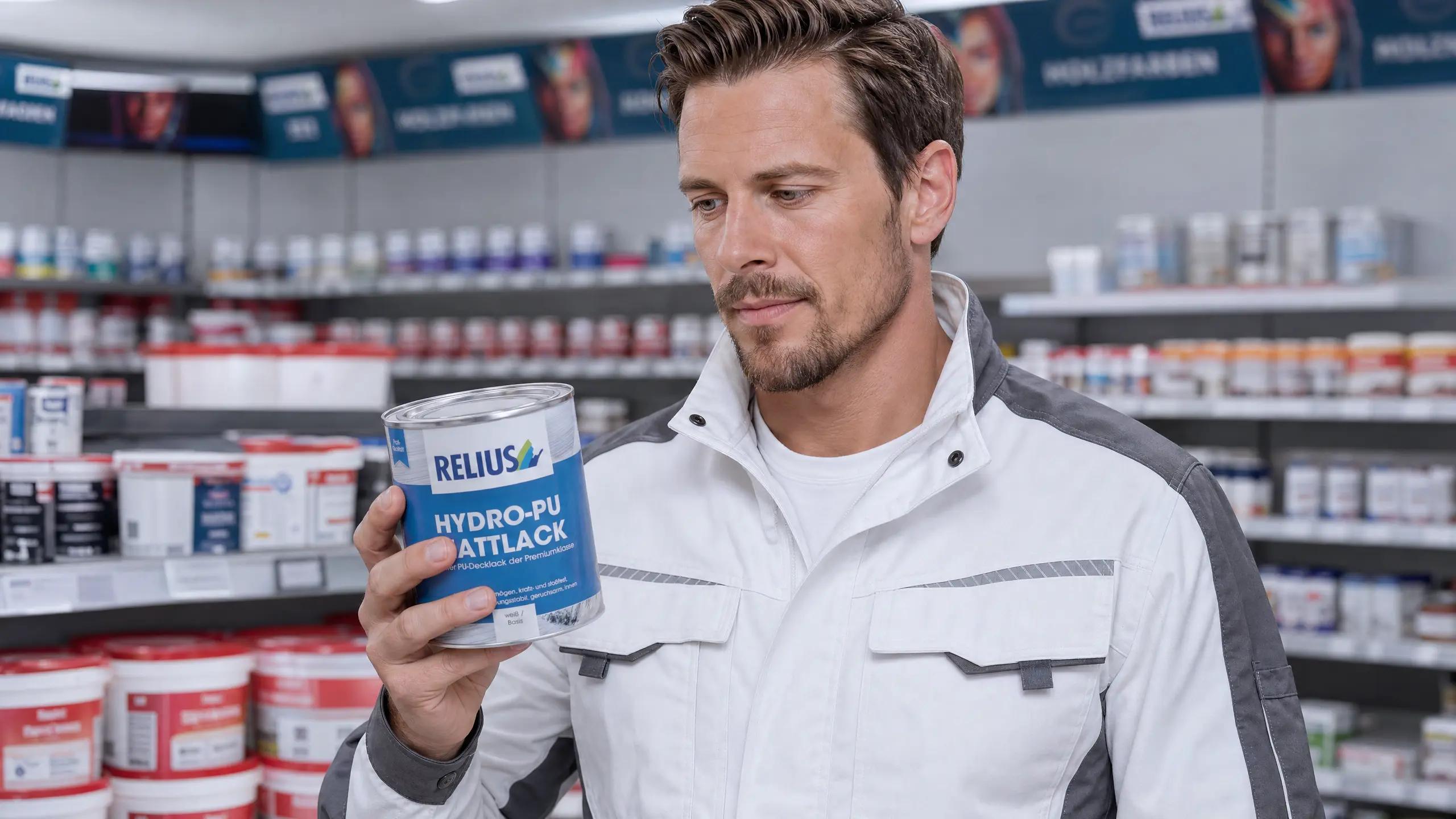 Verarbeiter begutachtet RELIUS HYDRO-PU MATTLACK im Farbenfachhandel