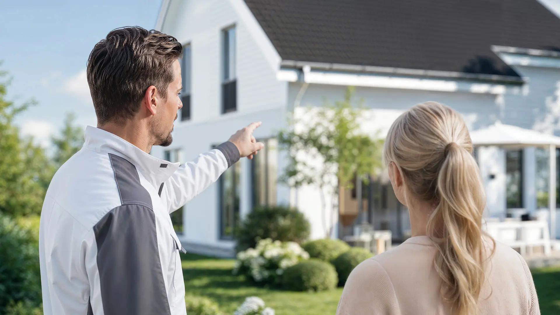 Maler in Arbeitskleidung berät eine Kundin vor einem weißen Einfamilienhaus und zeigt auf die Fassade