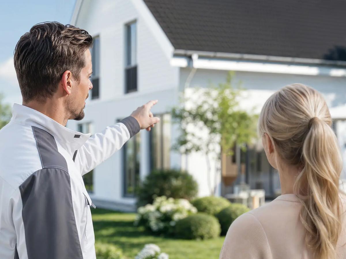 Maler in Arbeitskleidung berät eine Kundin vor einem weißen Einfamilienhaus und zeigt auf die Fassade