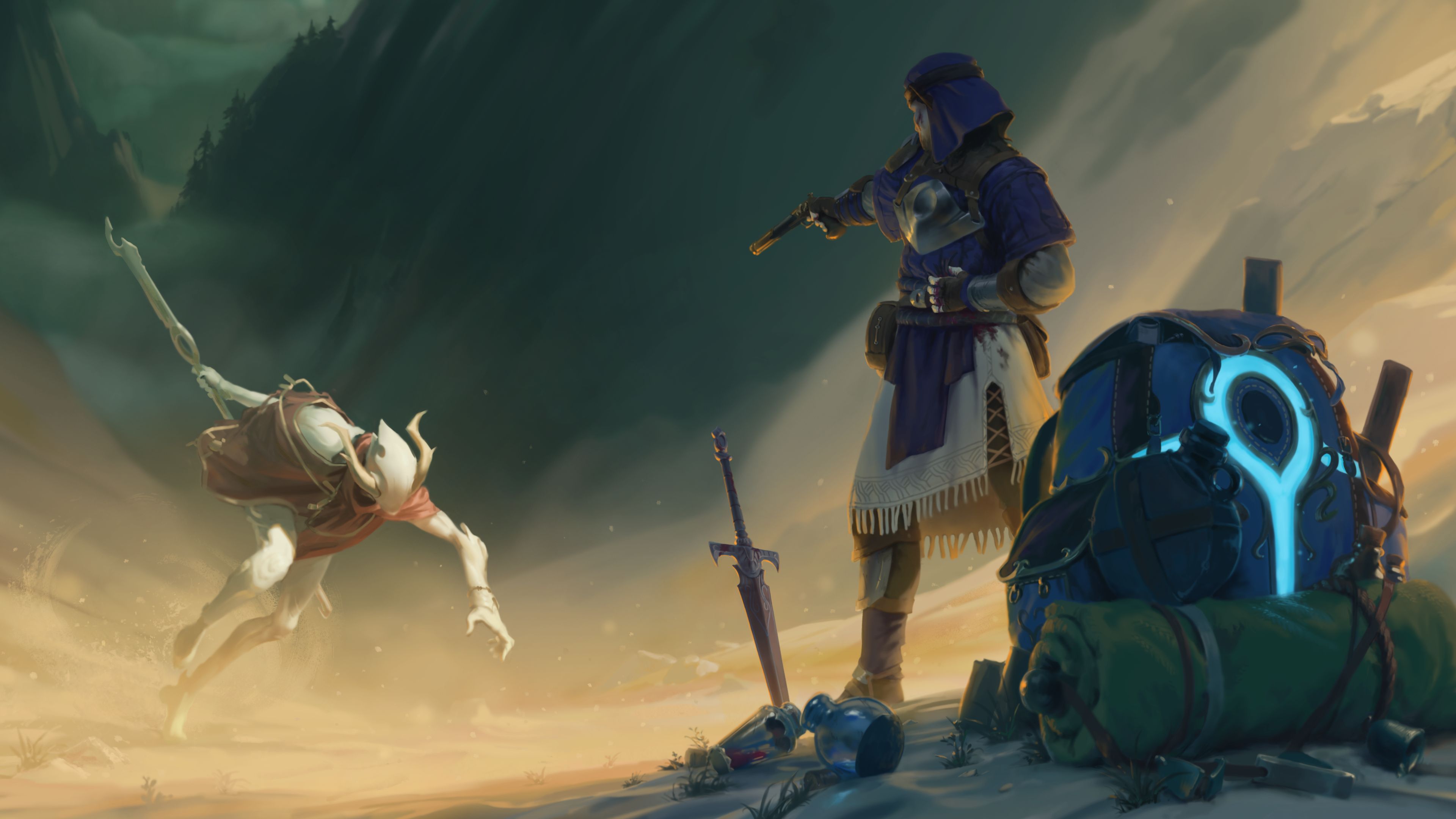 Official Outward 2 artwork showing an adventurer facing the wilds of Aurai