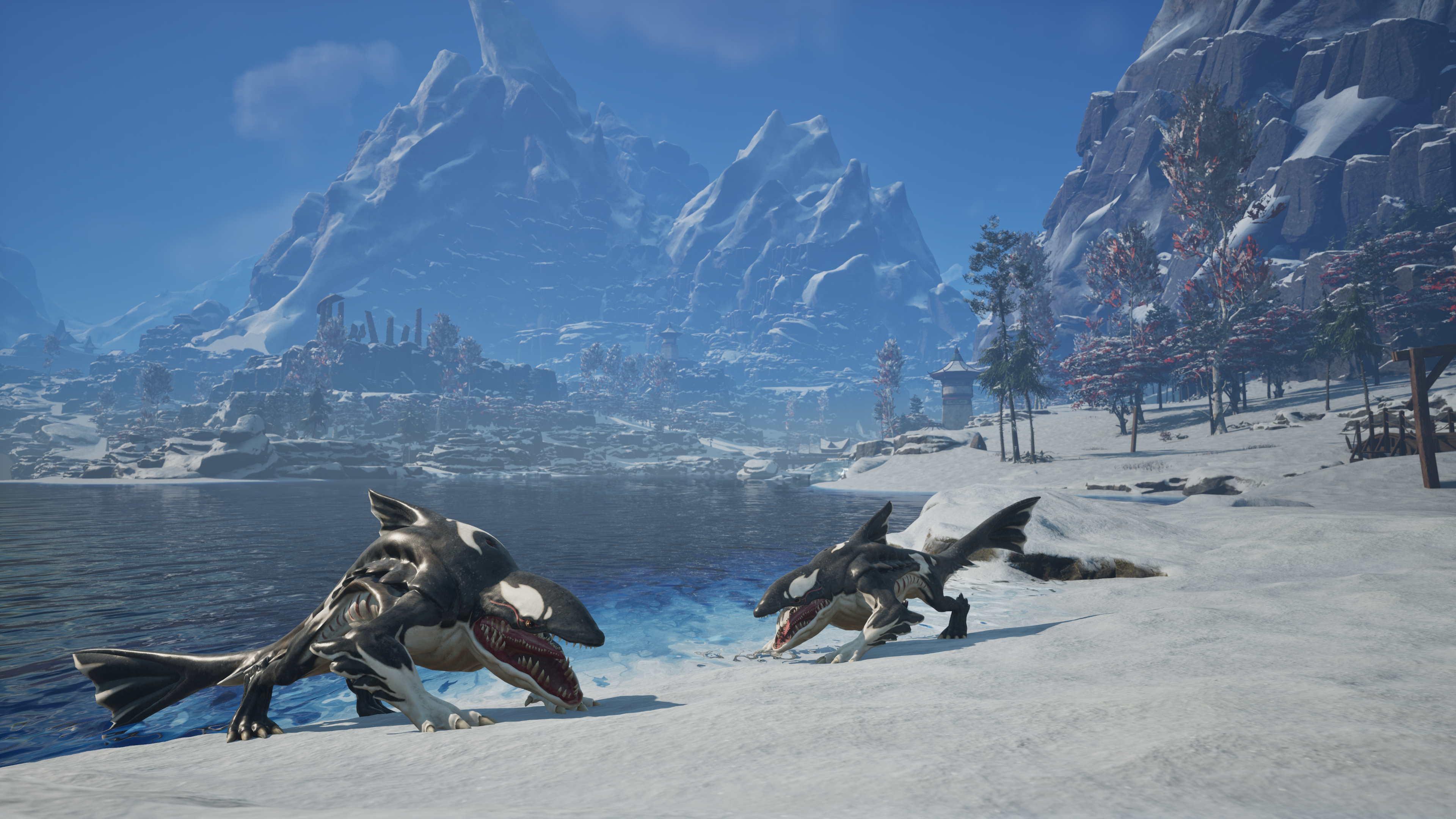 Official Outward 2 screenshot showing two creatures on a snowy lakeshore