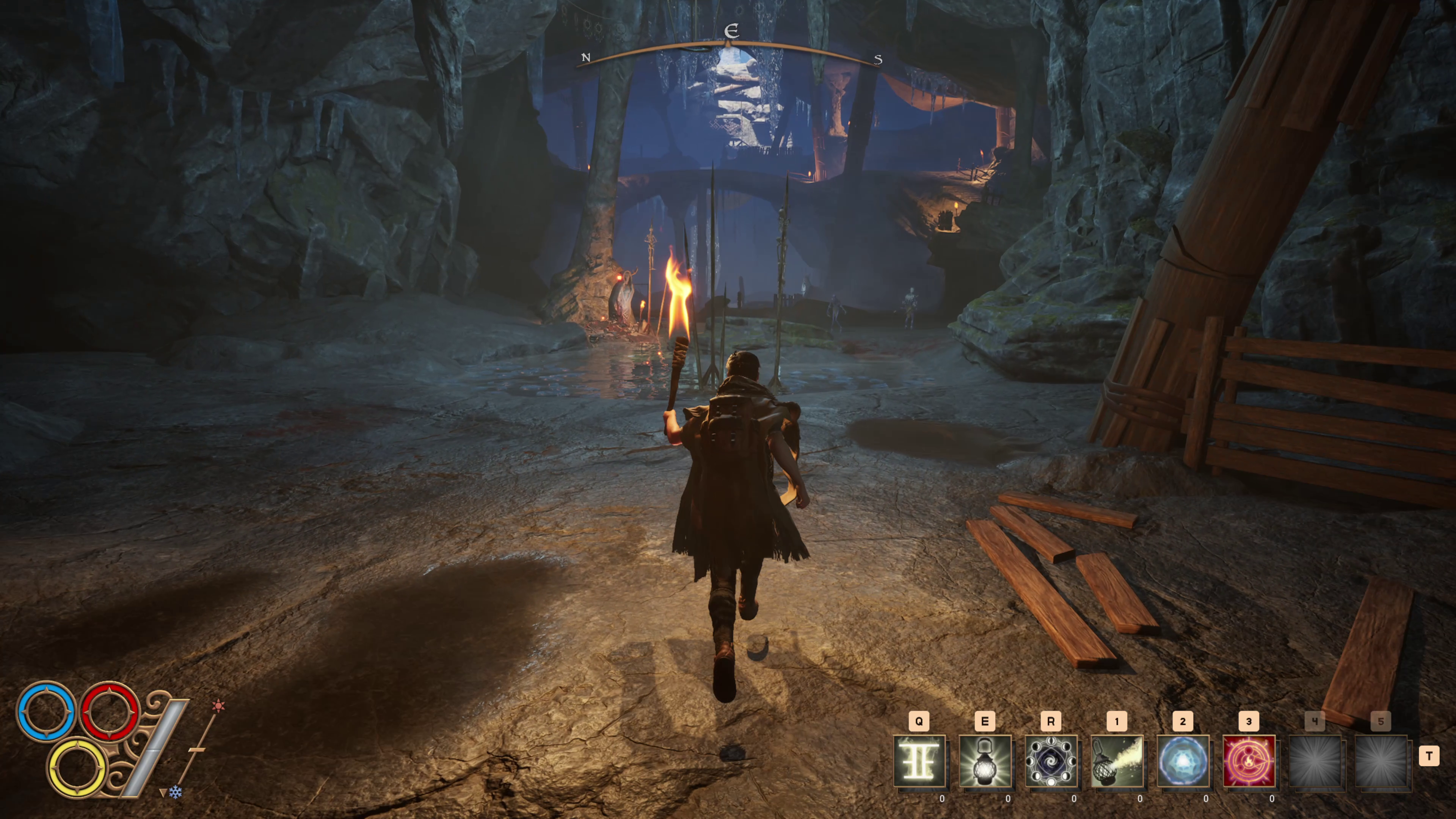 Official Outward 2 screenshot showing an adventurer carrying a torch inside a cave