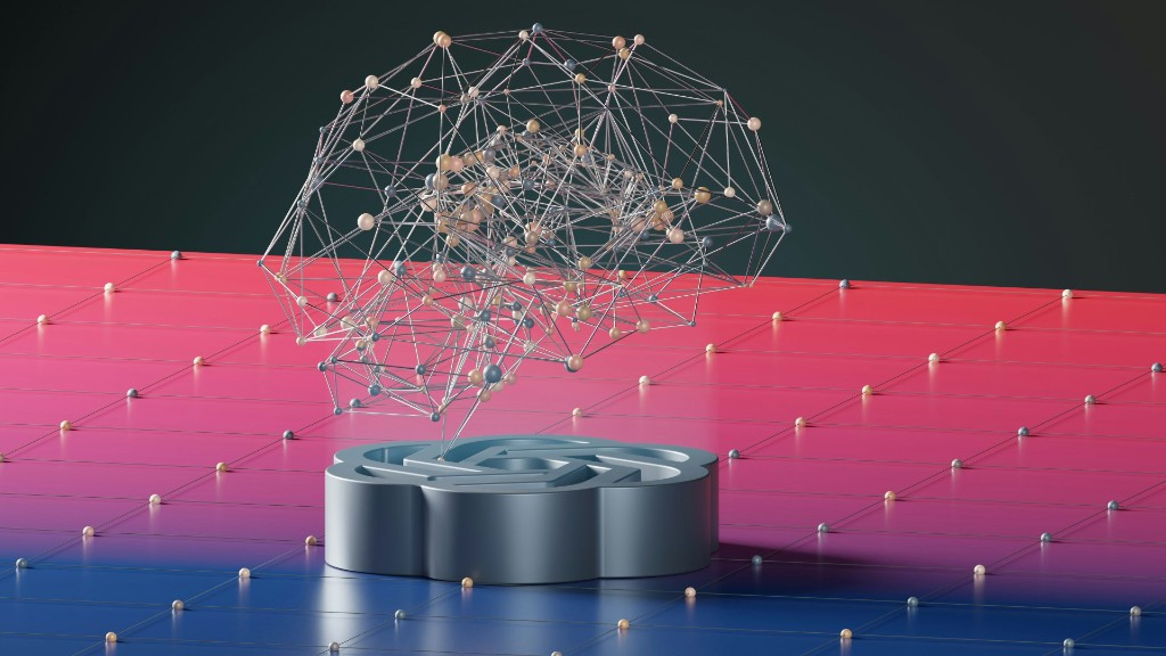 A network of connected nodes rising from a maze-shaped base on a grid that shifts from blue to red
