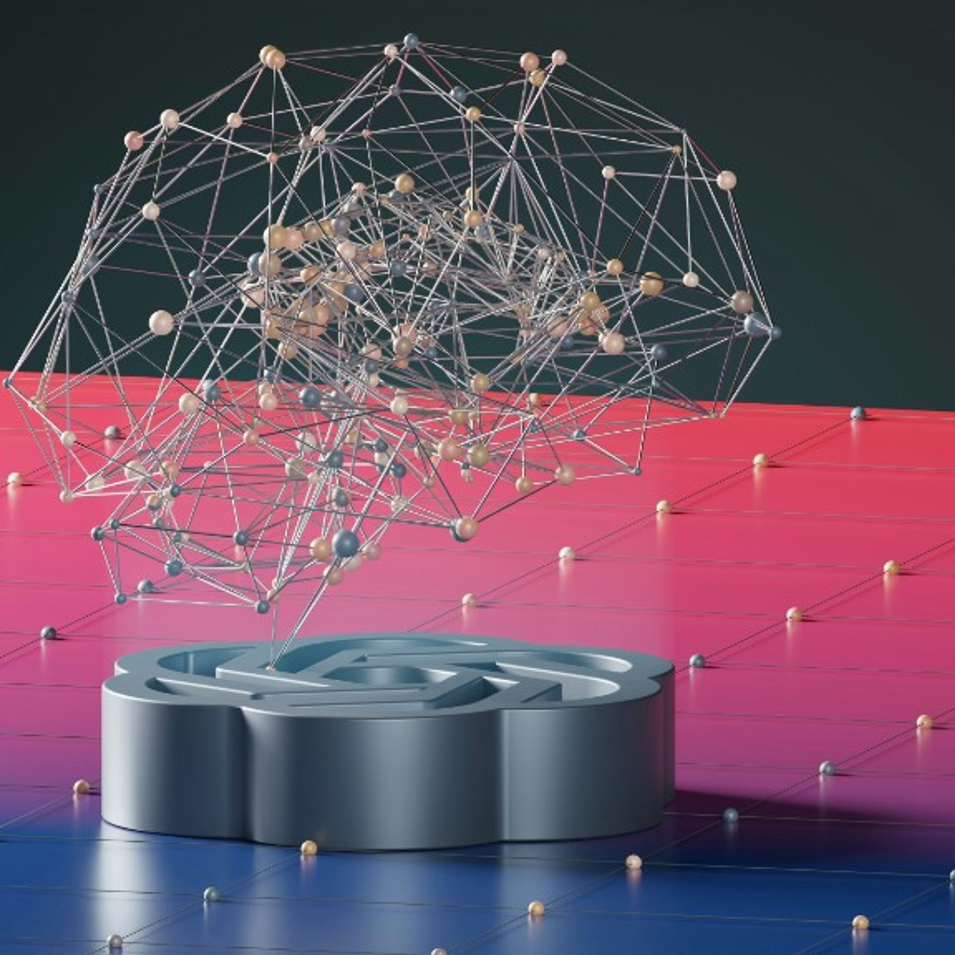 A network of connected nodes rising from a maze-shaped base on a grid that shifts from blue to red